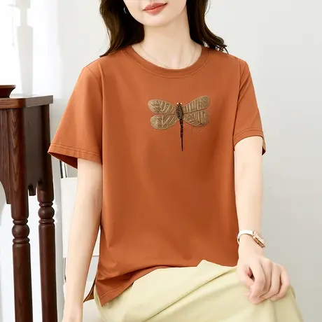 纯棉短袖t恤女夏装新款时尚中年妈妈刺绣体恤衫遮肉显瘦半袖上衣图片