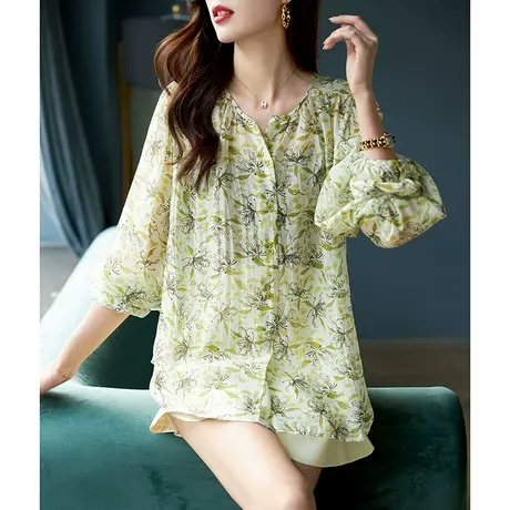 宝诗黎圆领印花长袖雪纺衫2024春夏季新款碎花套头衬衣女时尚宽松商品大图