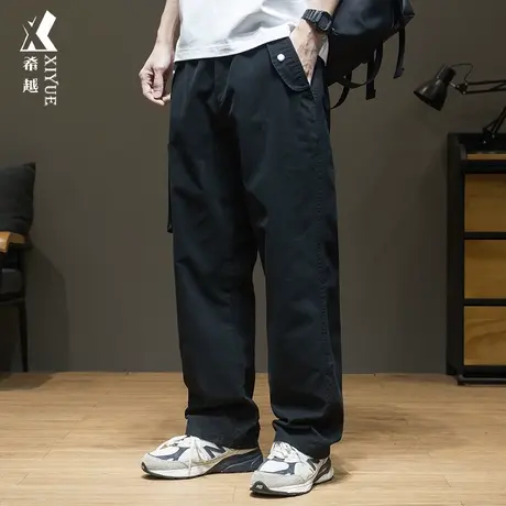 希越纯棉多口袋直筒休闲裤男2024春季宽松大码黑色工装潮流长裤子商品大图