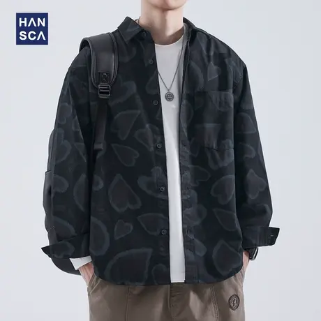 hansca长袖衬衫男秋季日系复古潮牌重磅纯棉宽松痞帅休闲衬衣外套商品大图