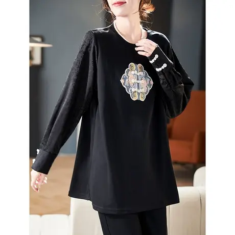 宝诗黎新中式刺绣钉珠长袖T恤2024春季设计感国风棉质百搭上衣女商品大图