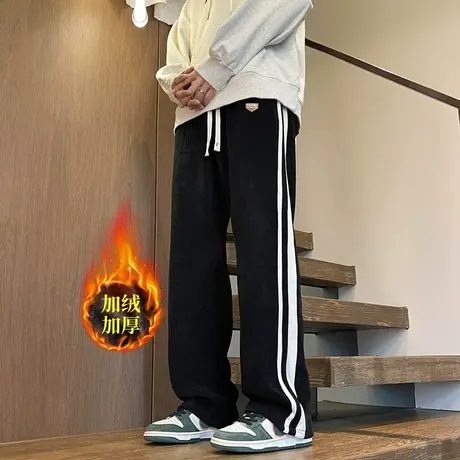 重磅加绒裤子男款秋冬季潮牌直筒阔腿裤男青少年加厚休闲运动卫裤商品大图
