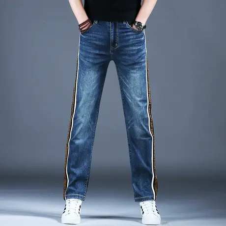 2024男士新款牛仔裤经典浅蓝色条纹侧边休闲宽松直筒裤春季潮男裤图片