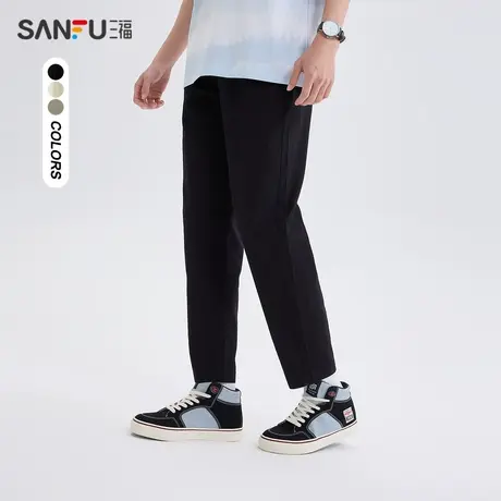 三福2024夏季男士净色仿麻休闲裤 时尚合身橡筋腰长裤男483409商品大图