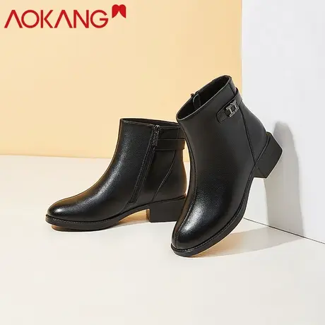 奥康女棉鞋2022冬季简约高帮粗跟真皮女靴英伦风加绒妈妈皮棉鞋图片