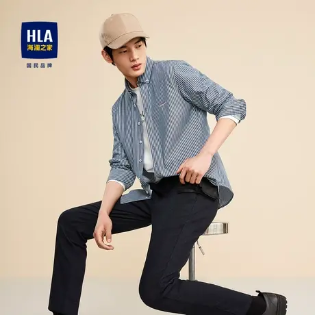 HLA/海澜之家胸前字母刺绣长袖休闲衬衫秋季竖条纹色织服帖衬衣男图片