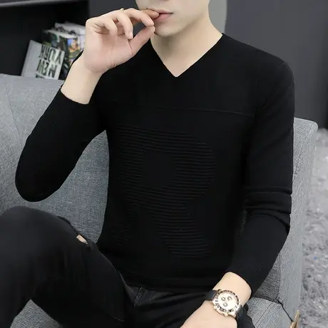 毛衣男潮流修身型百搭V领纯色长袖针织衫黑色打底衫春秋季上衣服商品大图