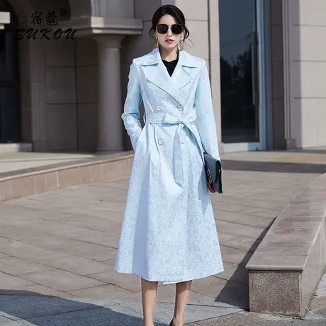 天蓝色风衣女中长款小个子2023秋装新款气质优雅时尚显瘦流行外套商品大图