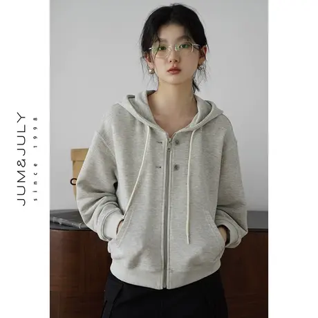 嘉茱莉2023秋季新款韩版连帽卫衣女小个子短款宽松开衫卫衣外套商品大图