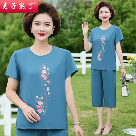 妈妈夏装短袖套装洋气两件套绣花T恤大码60岁奶奶中老年人女装商品大图