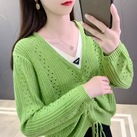 镂空抽绳V领针织衫女宽松2023秋装新款韩版假两件薄款打底上衣潮商品大图