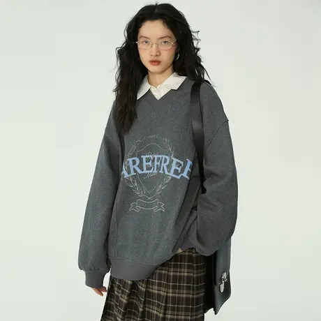 omont蛋挞家 灰色v领印花卫衣女春季2023新款复古宽松设计感卫衣商品大图