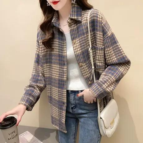 格子衬衫女韩版宽松2023新款学生百搭加厚外套复古港味秋装上衣潮商品大图