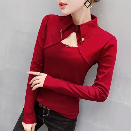 2023春秋新款镂空翻领T恤女长袖设计感洋气上衣百搭加绒打底衫潮商品大图