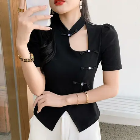 设计感改良T恤女短袖复古中式立领上衣不规则开叉T恤气质修身小衫商品大图