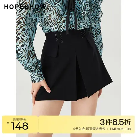 红袖outlets高腰绑带短裤hopeshow春季新款女装修身显瘦A字裤商品大图