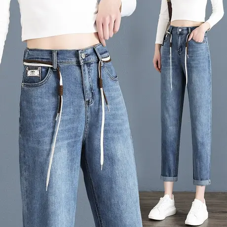 直筒牛仔裤女2023年春夏季新款高腰显瘦哈伦裤百搭系带潮流老爹裤图片