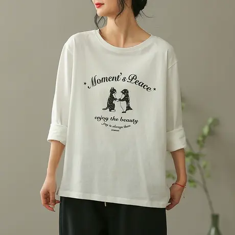 dza复古短款白色长袖t恤女士2023新款宽松内搭打底衫休闲纯棉上衣商品大图