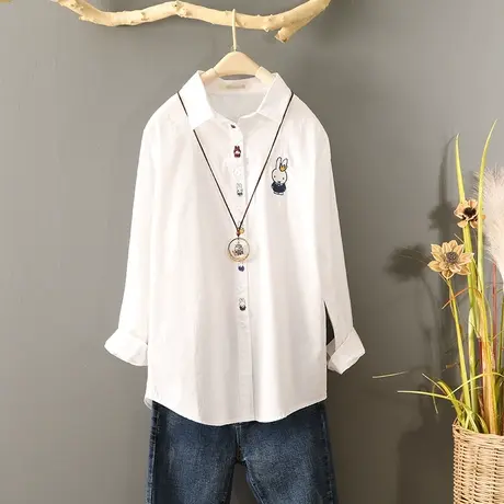 新品春装新款纯棉刺绣衬衣学生兔子绣花白色衬衫女打底衫春秋上衣商品大图