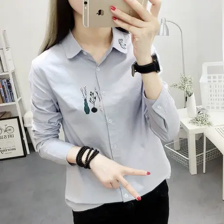 2020早春秋新款韩版小清新印花纯棉长袖衬衫女学生纯白色打底衬衣图片