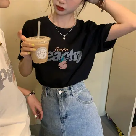 黑色短袖T恤女夏季2023新款设计感小众爆款时尚穿搭打底衫潮上衣商品大图