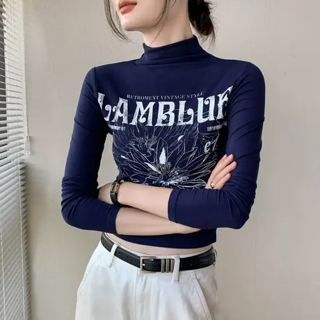 美式半高领长袖T恤女2023秋季新品辣妹风字母修身内搭正肩上衣潮图片