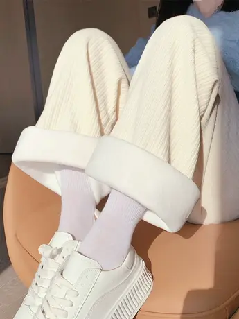 雪尼尔加绒阔腿裤女秋冬季高腰垂感休闲直筒裤小个子白色奶油裤子图片