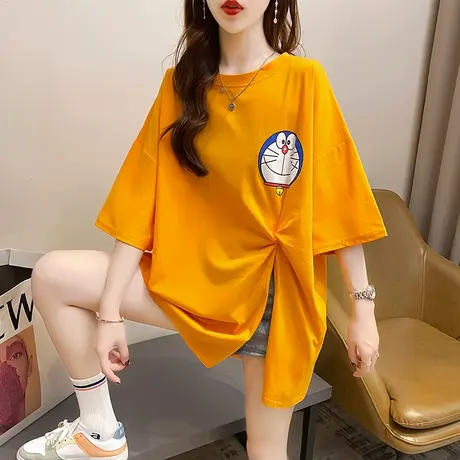 短袖t恤女夏季韩版宽松大码女装中长款可爱日系不规则开叉上衣潮图片