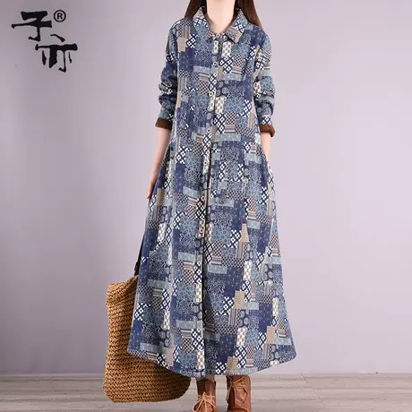 冬装新款宽松印花加绒加厚单排扣打底长款衬衫连衣裙妈妈装图片