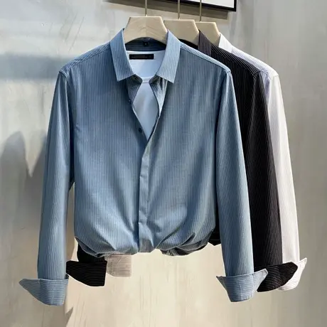 抗皱免烫2023春秋新款男士修身长袖衬衫商务休闲韩版刺绣条纹衬衣商品大图