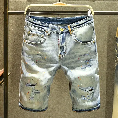 个性泼墨牛仔短裤男高街破洞宽松直筒裤子男士夏季休闲五分裤薄款商品大图