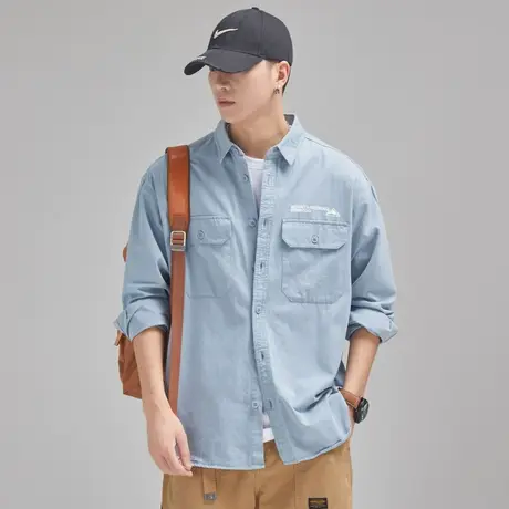 Modi Nick/摩帝尼克男士复古水洗工装衬衫休闲潮流工装长袖男衬衣商品大图