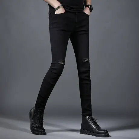 秋季纯黑色破洞牛仔裤男2023新款修身小脚裤高弹力显瘦男士裤子潮商品大图
