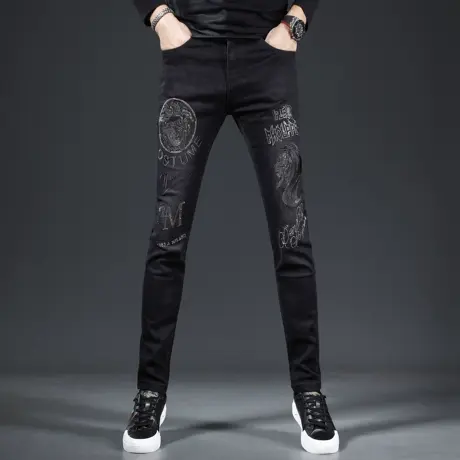 高端烫钻牛仔裤男秋季2023新款修身小脚黑色弹力潮牌青年男士裤子图片