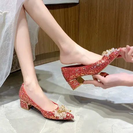 主婚纱婚鞋不累脚粗跟结婚鞋子新娘鞋禾秀婚纱两穿水晶法式订婚鞋图片