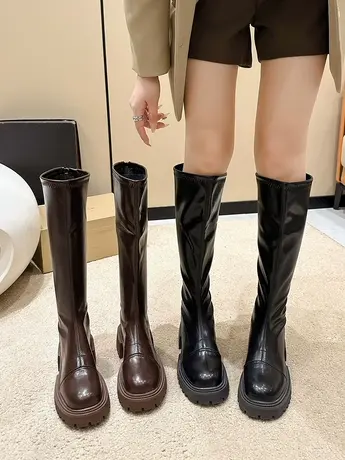 小个子显瘦粗跟厚底长靴女2023新款春秋单靴黑色高筒骑士靴长筒靴图片