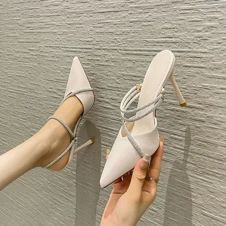 两穿高跟鞋女2023年新款夏季水包头水钻半拖鞋仙女风尖头细跟单鞋图片