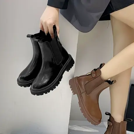 短靴女烟筒靴2023秋季新款复古圆头套筒百搭英伦风舒适厚底瘦瘦靴商品大图