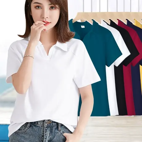 白色短袖t恤女夏季新款翻领无扣polo衫胖妹妹遮肚子显瘦大码女装图片