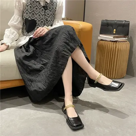 金属链条方头复古乐福鞋单女2024年新款英伦百搭玛丽珍小皮鞋女图片