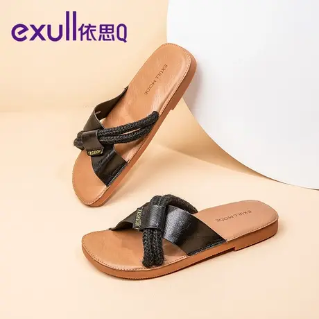 依思q拖鞋女2023夏季新款韩版百搭休闲中跟粗跟平底鞋软底一字拖商品大图