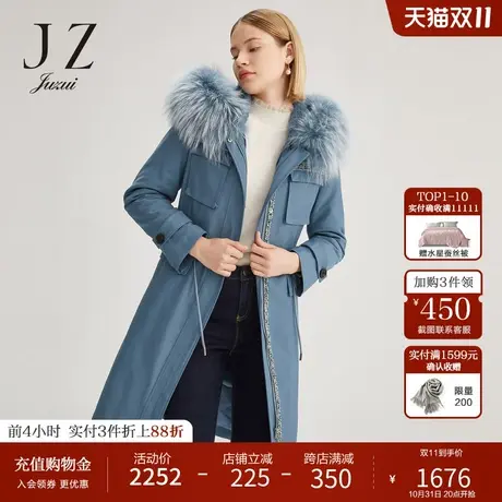 【奥莱独享】玖姿冬季新款中长连帽毛领兔毛保暖女派克服图片