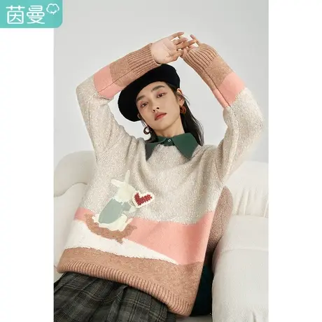 【商场同款】茵曼宽松女2023年冬季新款撞色趣味爱心圆领针织毛衣图片