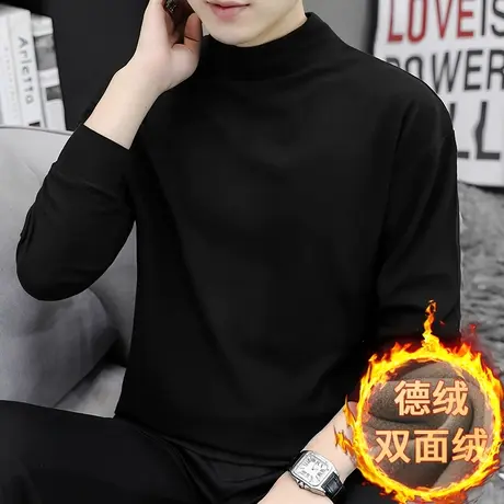 德绒卫衣男秋冬款纯色黑色半高领套头无帽宽松潮流双面绒中领长袖商品大图