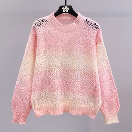 温柔风渐变条纹毛衣女2023早秋新款宽松慵懒风减龄镂空针织衫上衣商品大图