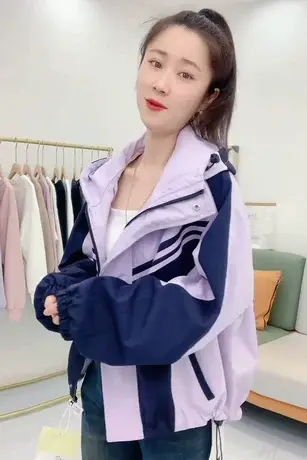韩版撞色冲锋衣女春秋2023新款网红炸街休闲百搭小个子短风衣外套商品大图