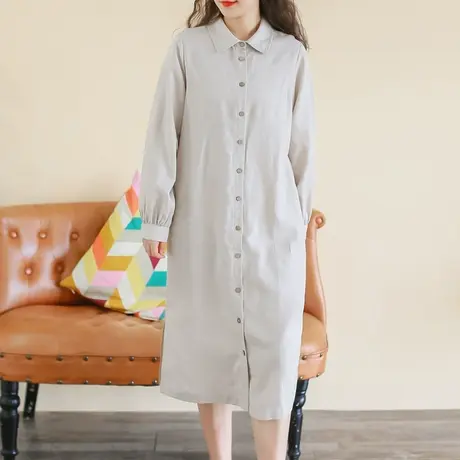 胖妹妹简单大方日系文艺范麻料衬衫裙 加大码2023春装新款宽松裙商品大图
