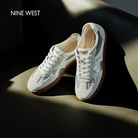 明星同款Nine West/玖熙德训鞋女2025夏季新款真皮复古银色阿甘鞋商品大图