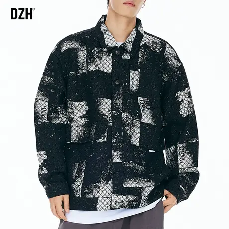 男士黑白格子外套男设计感小众2023新款秋季牛仔夹克宽松美式上衣商品大图