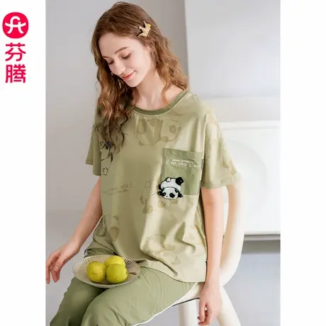 芬腾短袖睡衣女士夏季纯棉圆领七分裤套装女款新款全棉休闲家居服商品大图